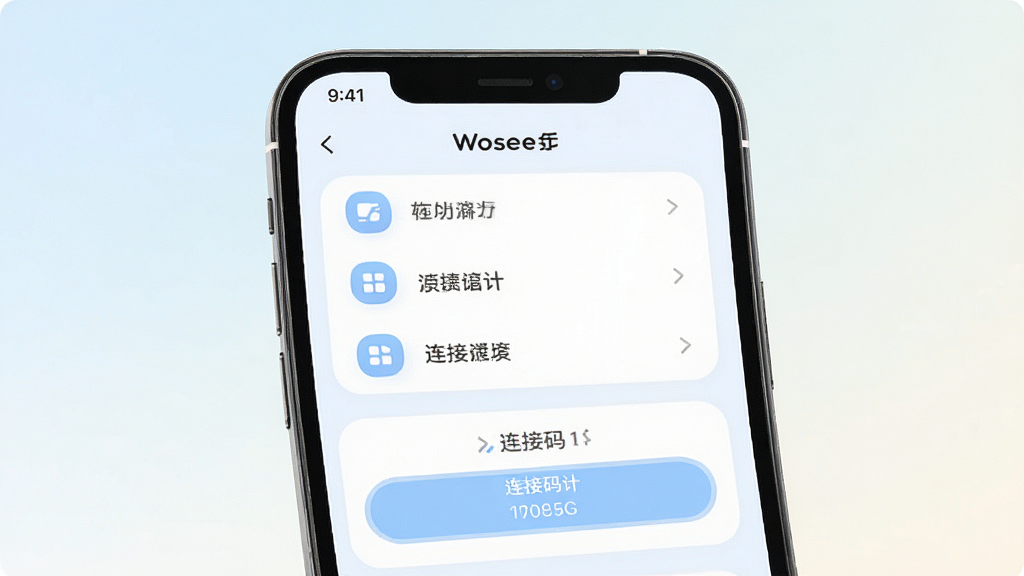 一张展示Wosee软件界面设计风格的图片,画面中央是一部手机屏幕的特写,屏幕上显示着简洁的功能列表和连接码输入框,界面以白色和浅蓝色为主色调,图标设计圆润,文字清晰易读,背景是柔和的浅色渐变,风格现代极简,画质干净,无多余元素