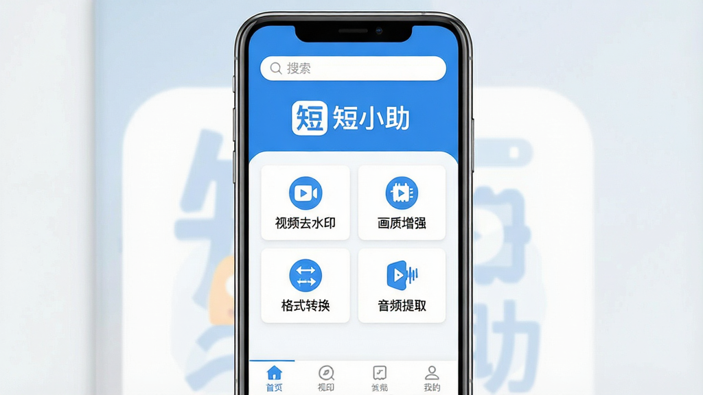 一张展示短小助软件主界面的图片,画面中央是手机屏幕,屏幕上显示短小助的LOGO和名称“短小助”,界面以蓝白配色为主,简洁清爽,顶部有搜索栏,中部排列着视频去水印、画质增强、格式转换、音频提取四个功能图标,底部是导航栏,整体风格现代扁平,画质干净清晰,无多余元素