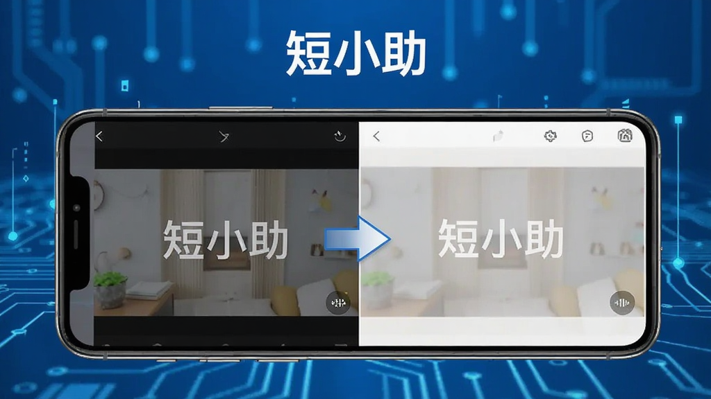 一张展示短小助视频去水印功能的图片,画面中一部手机正在运行短小助应用,屏幕左侧显示一个带有水印的视频画面,右侧显示处理后的干净画面,中间有一个箭头表示处理过程,软件名称“短小助”显示在顶部,背景是简洁的科技蓝风格,画质清晰,无多余元素