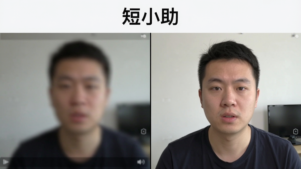 一张展示短小助画质增强功能的对比图,画面分为左右两部分,左侧是模糊的低画质视频截图,右侧是经过短小助处理后清晰锐化的同一画面,顶部有“短小助”字样,背景采用左右分屏的对比布局,风格简洁直观,画质干净,无多余元素
