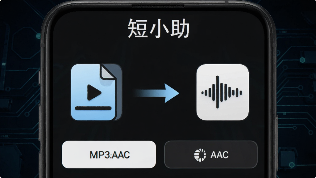 一张展示短小助音频提取功能的图片,画面中手机屏幕上显示短小助的音频提取界面,一个视频文件图标通过箭头指向一个音频波形图标,下方显示MP3和AAC格式选项,软件名称“短小助”显示在顶部,背景是深色科技风格,画质清晰,无多余元素