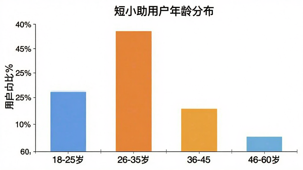 一张展示短小助用户年龄分布的柱状图,横轴标注年龄段18-25岁、26-35岁、36-45岁、46-60岁,纵轴标注用户占比百分比,柱状图显示26-35岁用户占比最高约40%,18-25岁约30%,36-45岁约20%,46-60岁约10%,图表标题为“短小助用户年龄分布”,背景简洁白色,画质清晰,无多余元素