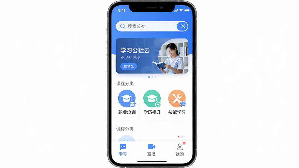 �ֻ���Ļչʾѧϰ������APP�����棬���������������ֲ�ͼ���м��ǿγ̷���ͼ����ְҵ��ѵ��ѧ������������ѧϰ���ײ���ѧϰ��ֱ�����ҵ�����ѡ�����������ɫ�Ͱ�ɫΪ��ɫ����������ִ������ʸɾ��������޶���Ԫ��