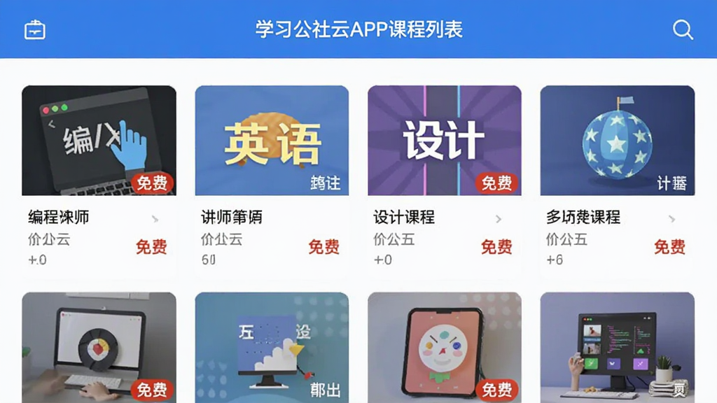 ѧϰ������APP�γ��б�ҳ�棬չʾ������ѿγ̷��棬������̡�Ӣ���Ƶ����ÿ���γ���ʾ���⡢��ʦ����ѱ�ǩ�������Ű����룬��ɫ��ɫ��������ƽ�������������ɾ�