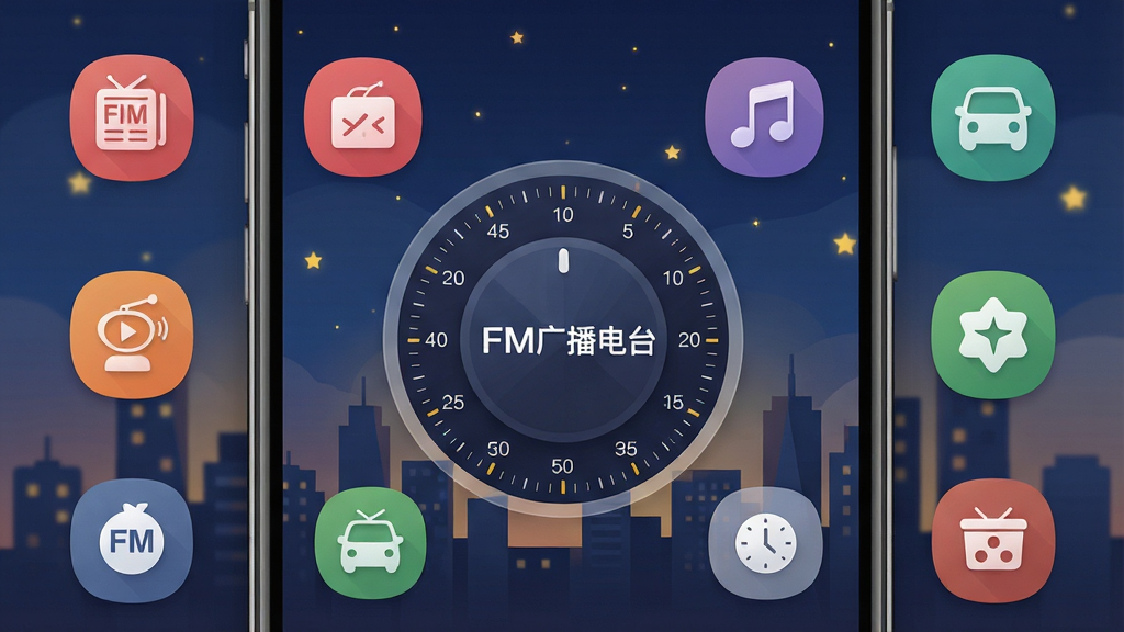 һ���ֻ���ĻչʾFM�㲥��̨App������ĸ���ͼƬ������������Բ�ε�Ƶ�̶��̣���Χ���������š����֡���ͨ�������ȵ�̨����ͼ�꣬��������ܰ������ɫҹ������м�Ӱ�����岼�ּ�����ˣ�����ִ���ƽ����ϸ��Բ�󣬻��ʸɾ��������޶���Ԫ�أ�ͼƬ����ʾ���֡�FM�㲥��̨��