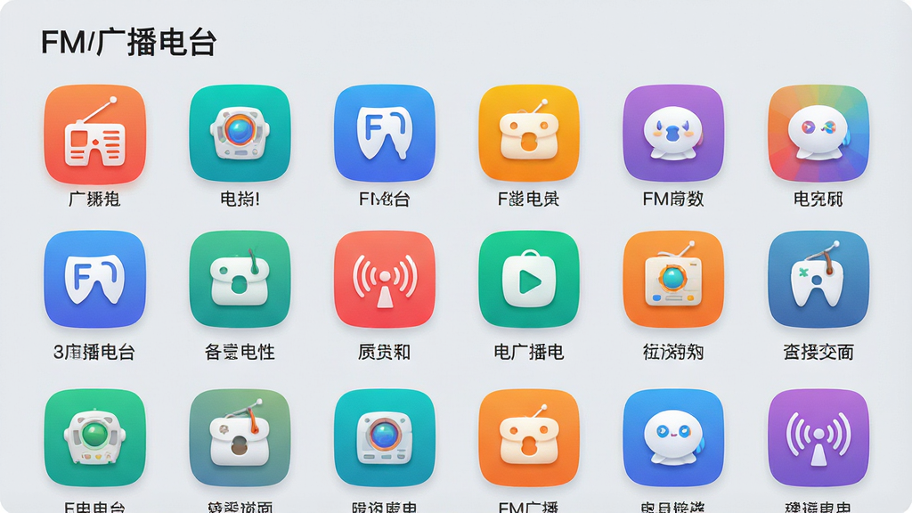 һ��չʾFM�㲥��̨App��̨����ҳ��ĸ���ͼƬ�������з����ǩ�������г�����״��ÿ������ͼ��ɫ����������������͵�ǳ��ɫ������������£�ϸ�ھ��£����ʸɾ����޶���Ԫ�أ�ͼƬ����ʾ���֡�FM�㲥��̨��