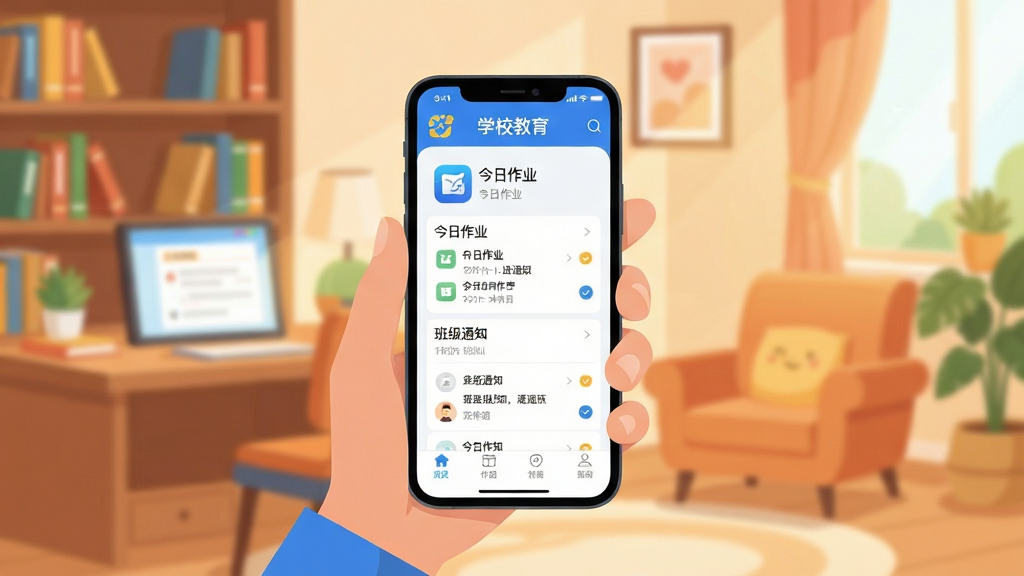 �ڹ��ǻ۽��� �ֻ�App�����棬һλ�ҳ��������ֻ��鿴ѧУ֪ͨ����������ܰ�ļ�ͥ�鷿������������������չʾApp����ɫͼ��ͼ�����ҵ�б����棬���ֲ������Ĺ�ͼ�����Ϊ�ִ���ƽ���廭��ϸ�����ֻ���Ļ��ʾ��������ҵ���͡��༶֪ͨ�����֣����ʸɾ��������޶���Ԫ��