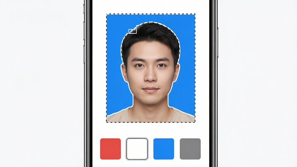 个人证件电子通智能抠图换背景功能演示画面,手机屏幕中显示一张人物证件照,人物轮廓被精准识别并用虚线标出,背景已替换为纯蓝色,界面下方有红、白、蓝、灰四个背景色块供选择,画面风格清爽直观,画质干净,无多余元素