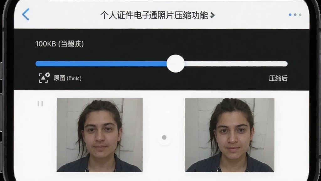 个人证件电子通照片压缩功能界面,手机屏幕显示文件大小调节滑块,当前设定目标为100KB,下方显示压缩前后对比数据,左侧为原图缩略图,右侧为压缩后预览图,界面有蓝白配色进度条,画质清晰,无多余元素