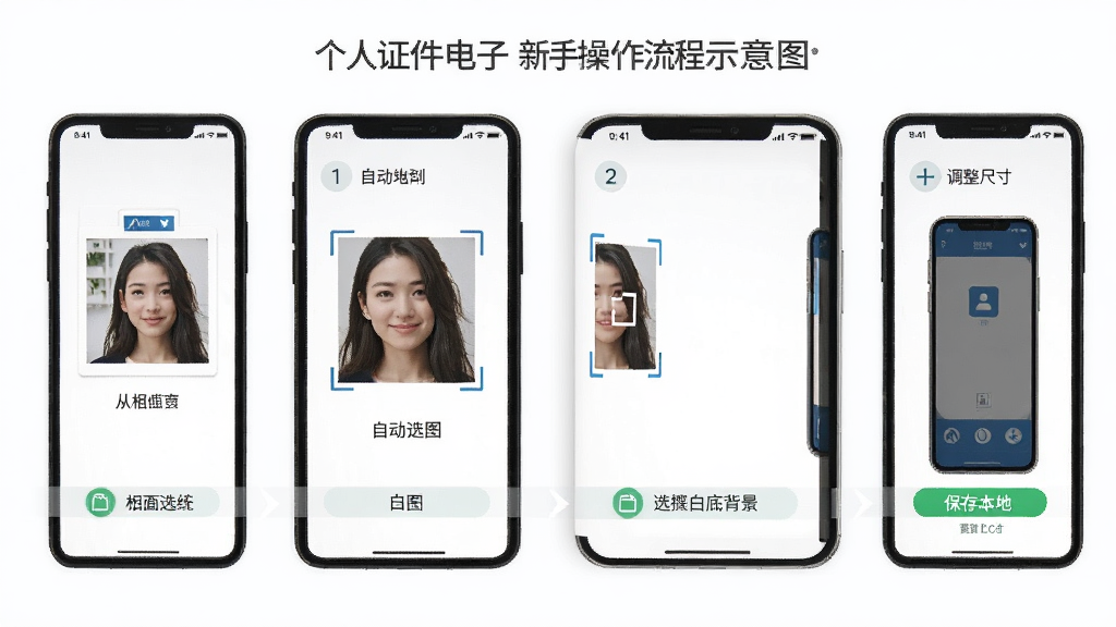 个人证件电子通新手操作流程示意图,手机屏幕分步展示从相册选照片、自动抠图、选择白底背景、调整尺寸、保存到本地五个步骤,每个步骤有数字序号和简短文字说明,界面风格清晰直观,画质干净,无多余元素