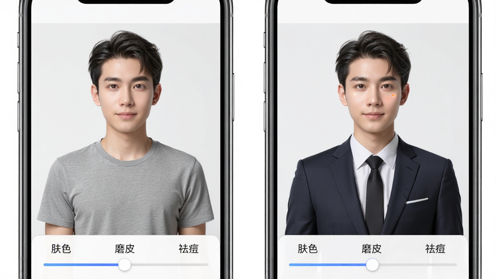 个人证件电子通美颜与服装替换功能展示,手机屏幕左侧显示原图人物穿休闲T恤,右侧显示替换正装后的效果,人物面部有轻微磨皮提亮,下方有肤色、磨皮、祛痘三个调节滑块,界面风格干净整洁,画质高清,无多余元素