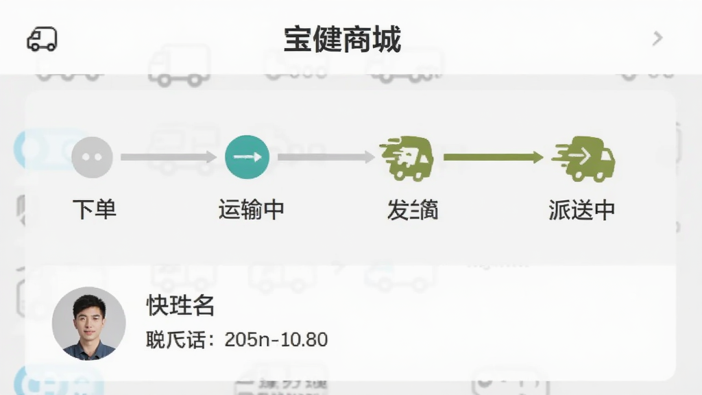 �����̳�APP�����������ٽ��棬��ʾһ���������������飬�������µ����ѷ����������С��������ĸ�״̬�ڵ㣬��ǰ״̬Ϊ�����У��·��п��Աͷ����������ϵ�绰��������Ƽ�࣬��Ϣ�㼶����������Ϊǳ��ɫ�������������޶���Ԫ�ء�