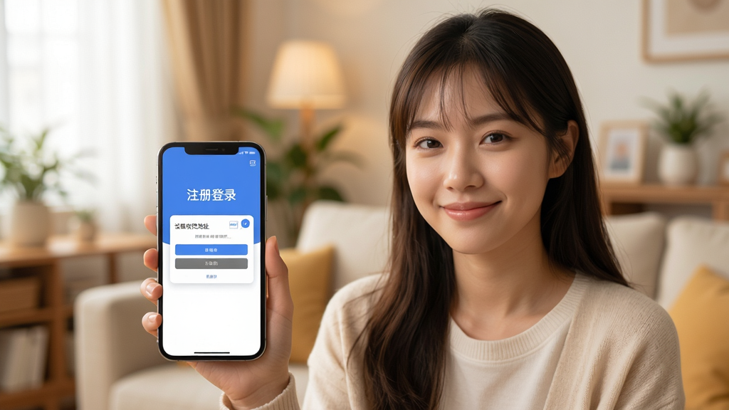 �����̳�APP����������ҳ�棬һλ����Ů�������ֻ�����Ļ����ʾע���¼����������ջ���ַ�ĵ�������������ܰ�ļҾӻ��������������Ȼ�������������޶���Ԫ�ء�