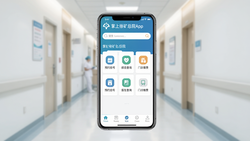 һ��չʾ���������ԺApp����ȫò��ͼƬ������������һ�������ֻ����ֻ���Ļ����ʾ�����������Ժ����ҳ���棬���涥����ҽԺ���ƺ��������м���ԤԼ�Һš������ѯ������ɷѵ�ͼ�꣬�ײ��е������������Ǹɾ���ҽԺ�����黯�������������ִ���࣬�����������޶���Ԫ��