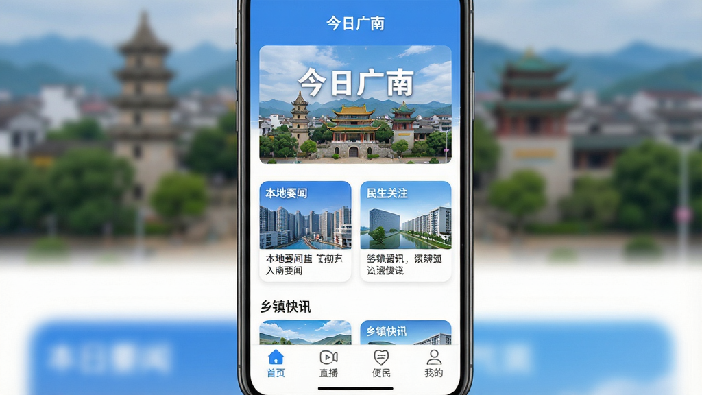�ֻ���Ļ����չʾ�����������ǡ����չ��ϡ�App�������棬�����ǹ����سǱ�־�Խ���Զ��ͼ��Ϊ����ͷͼ���·����������š�����Ҫ�š���������ע���������Ѷ���ȿ�Ƭʽ��Ŀ������ײ��С���ҳ����ֱ���������񡱡��ҵġ��ĸ�����ͼ�꣬��������ˬ��࣬����ɫ�Ͱ�ɫΪ��ɫ��������������ͼ��Բ�󣬻��ʸɾ����޶���װ��Ԫ�ء�