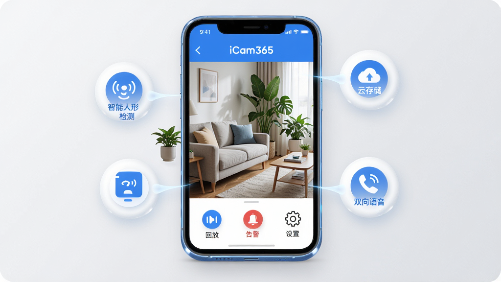 ��������ȫòչʾͼ������������iCam365���ֻ�App���棬��ʾ��������ʵʱ��ػ��棬��������һ����ܰ�Ŀ�����������ɳ������ֲ�������·��лطš��澯�����õ�ͼ�갴ť���ֻ��Ա������ż���Сͼ������������μ�⡢�ƴ洢��˫�������ȹ��ܣ����岼�ּ���ִ����������ˬ�ĿƼ�������ɫ��ϸ�����ֻ���Ե��Բ��ĸ߹⣬�����Ǹɾ���ǳ��ɫ�����ʸ��壬�޶���Ԫ��