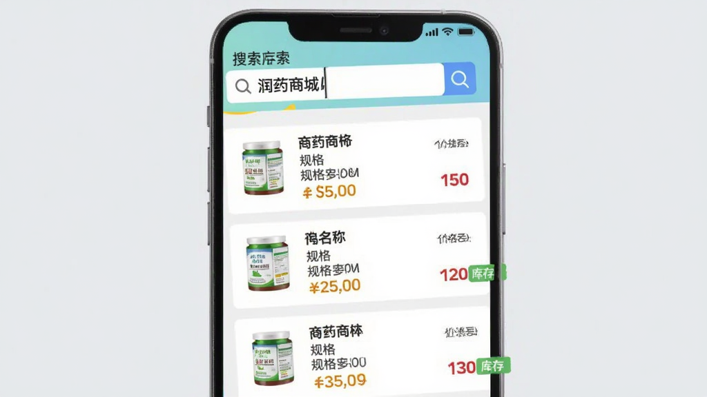 ��ҩ�̳�APP��Ʒ���������ͼ���Ч��ͼ������չʾ�ֻ���Ļ������������ҩƷ���ƺ󵯳��Ľ���б���ÿ���������ҩƷͼƬ�����ơ���񡢼۸�Ϳ���ǩ������Ϊǳ��ɫ�������������������룬���ɾ��ִ������ʸ���������Ԫ��