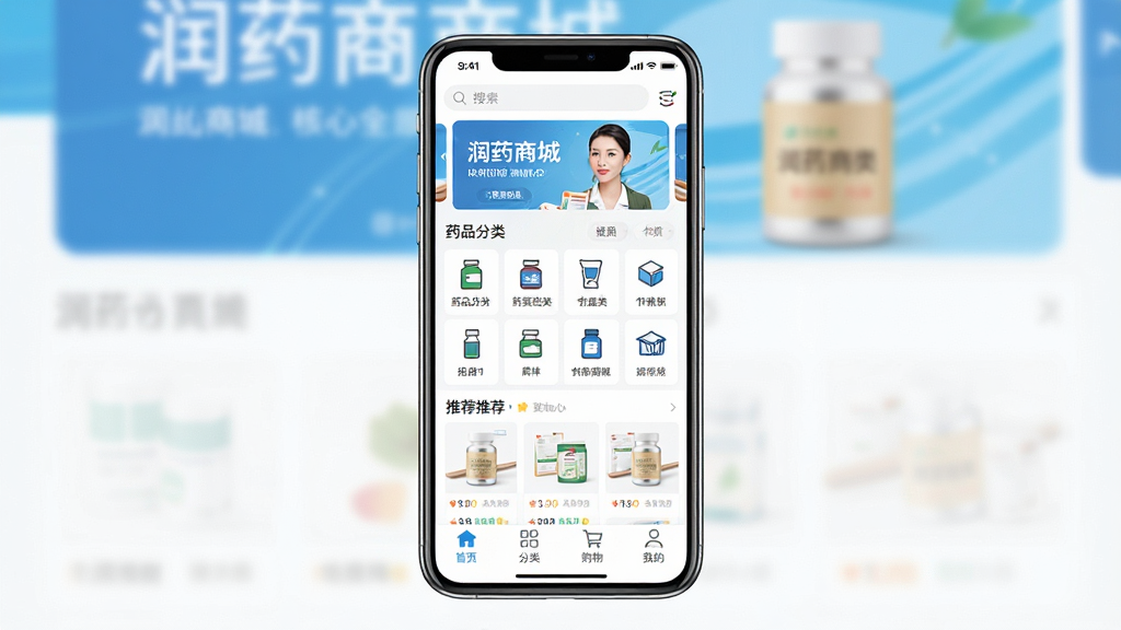 һ��չʾ��ҩ�̳�APP����ȫò���ֻ�����Ч��ͼ������������һ�����������ֻ�����Ļ����ʾ��ҩ�̳���ҳ���������������banner�ֲ�ͼ���м�ΪҩƷ����ͼ��������Ƽ���Ʒ�б����ײ�Ϊ��ҳ�����ࡢ���ﳵ���ҵ��ĸ�������ǩ������ɫ��Ϊ��ɫ����ɫ��������ִ���ƽ�������ʸɾ������޶���Ԫ��