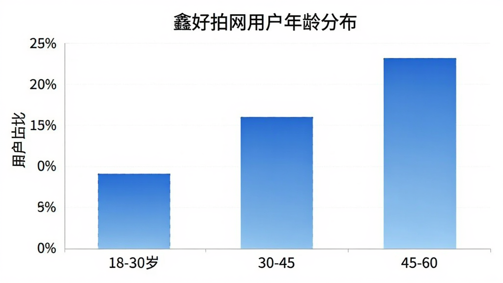 一张展示鑫好拍网用户年龄分布的柱状图,横轴为年龄段18-30岁、30-45岁、45-60岁,纵轴为用户占比百分比,柱状图颜色为蓝色渐变,背景简洁白色,风格数据可视化,细节清晰,画质干净,无多余元素