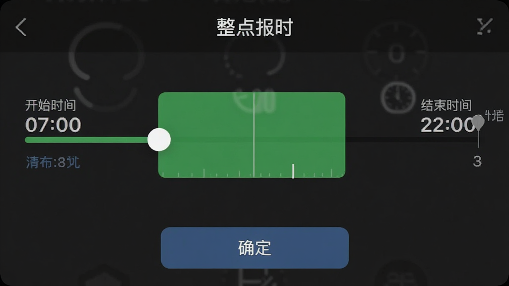 ���㱨ʱ ʱ������ý����ͼ����������һ��ʱ���Ử�飬�����ʾ����ʼʱ�� 07:00�����Ҳ���ʾ������ʱ�� 22:00�����м�����ɫ���������ʾ��Чʱ�Σ�����Ϊ��ɫģʽ�����涥���С����㱨ʱ�����֣��ײ��С�ȷ������ť�����岼��ֱ�ۣ����ʸɾ��޶���Ԫ��