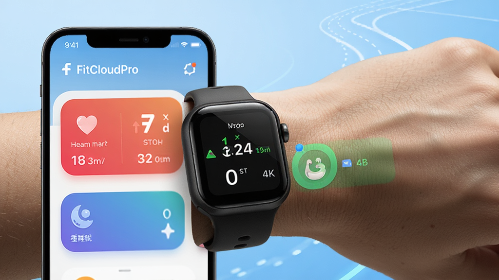 FitCloudPro 智能手表助手 App 主界面展示图,主体为一只佩戴智能手表的手腕特写与手机屏幕中 FitCloudPro 应用首页并排布局,手机界面显示心率、步数、睡眠卡片,背景为浅蓝色渐变与运动线条纹理,排版简洁居中,风格现代科技感,细节清晰可见表盘反光与图标圆角,画质 4K 干净无多余元素
