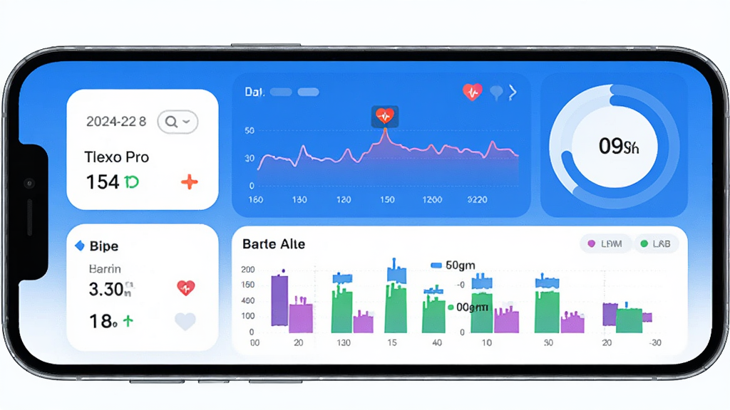 FitCloudPro 健康监测功能界面 AI 生图,主体为手机屏幕显示心率曲线和睡眠阶段柱状图,布局上下分栏,排版左侧数据卡片右侧环形进度条,风格清爽医疗蓝白配色,细节包含日期切换按钮和实时心率小图标,画质高清干净无多余元素