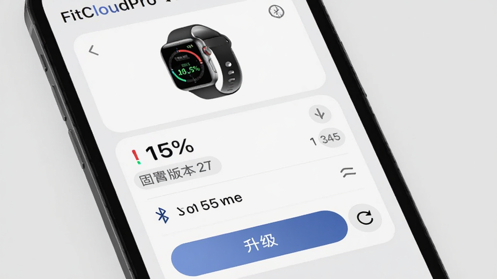 FitCloudPro 设备管理界面 AI 生图,主体为手机屏幕显示手表设备信息卡片包含电量百分比和固件版本号,布局上下结构,排版顶部设备图片中间信息列表底部升级按钮,风格简洁工具类灰白配色,细节包含蓝牙图标和刷新按钮,画质清晰干净无多余元素