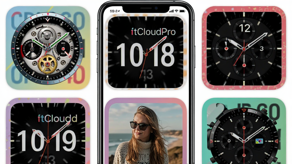 FitCloudPro 表盘市场界面展示图,主体为手机屏幕显示多个方形表盘预览图呈网格排列,布局三列网格排版,风格活泼多彩配色,细节包含机械表盘、数字表盘和照片自定义表盘缩略图,画质高清干净无多余元素