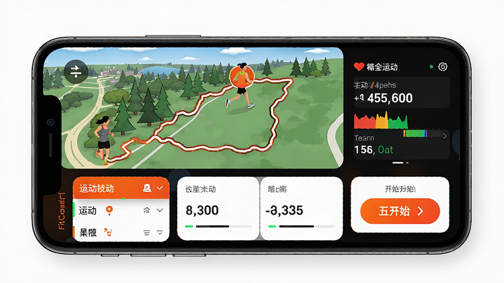 FitCloudPro 运动记录功能展示图,主体为手机屏幕显示户外跑步轨迹地图与配速数据面板,布局地图占上半部分数据卡片在下,排版左侧是运动列表右侧是开始按钮,风格运动活力橙黑配色,细节包含公里数标记和心率区间条,画质清晰干净无多余元素