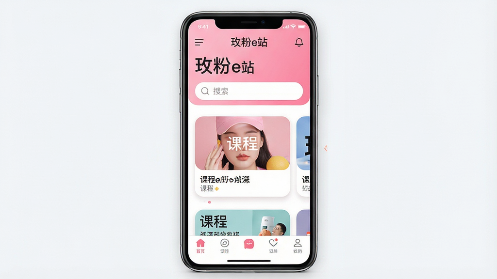 һ��չʾ��õ��eվ��App���Ľ�����ֻ�ģ��ͼ��������һ�����������ֻ�����Ļ����ʾ��õ��eվ������ҳ�����ֶ����ǻ�ӭ����������м��Ǻ��򻬶��Ŀγ̿�Ƭ���ײ��ǵ��������Ű�������������ִ����£�ϸ���Ͽ�Ƭ����Բ�Ǻ���΢��Ӱ�����ʸ��壬�ɾ����޶���Ԫ��