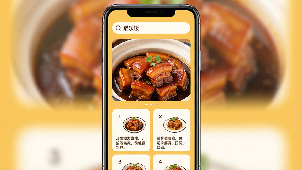 �ֻ���Ļ����չʾ��ʳ����Ӧ�ý��棬����������д�š�è�ַ������м������˵ĺ������Ʒͼ���·�������������ͼ�Ĳ��迨Ƭ�����汳����ů��ɫ�������ܰ�ִ������ʸɾ����޶���Ԫ��