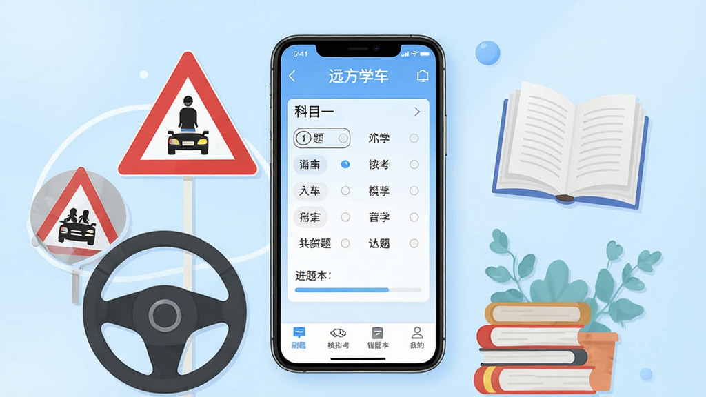 һ���ֻ���Ļչʾ��Զ��ѧ����App�����棬�����ǵ���ɫ���䣬��Ļ������ʾ��Ŀһ����ˢ����棬��ѡ����ѡ��ͽ��������ײ��������С�ˢ�⡱��ģ�⿼�������Ȿ�����ҵġ��ĸ�ͼ�꣬��ΧΧ�ƽ�ͨ��־�������̡��鱾��ѧϰԪ�أ���������ˬ�ִ�����ƽ����ƣ����ʸɾ����޶���Ԫ��