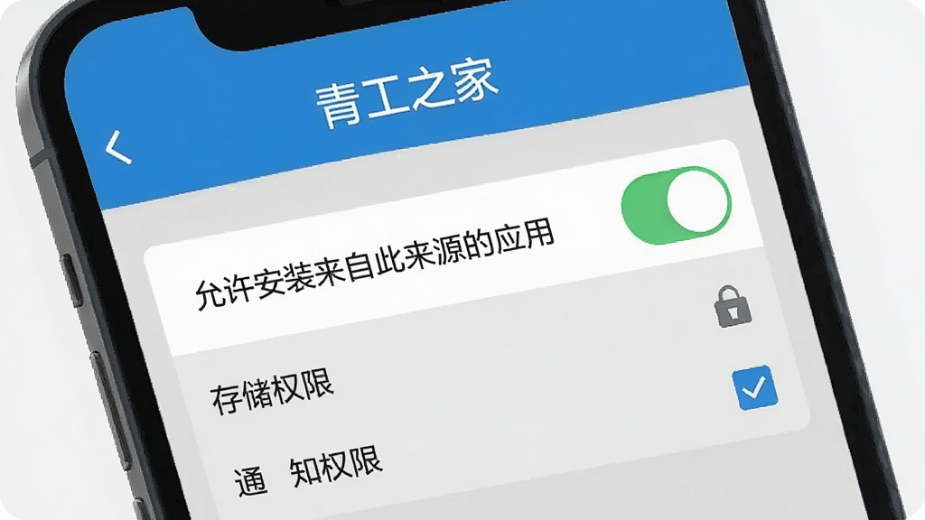 һ��չʾ�๤֮��App��װȨ�����ý����ʾ��ͼ������Ϊ�ֻ���Ļ��д����Ļ����ʾ��������װ���Դ���Դ��Ӧ�á����ذ�ť���Ա��С��洢Ȩ�ޡ��͡�֪ͨȨ�ޡ��Ĺ�ѡѡ�����Ϊǳ��ɫ����������죬�����������޶���Ԫ�ء�
