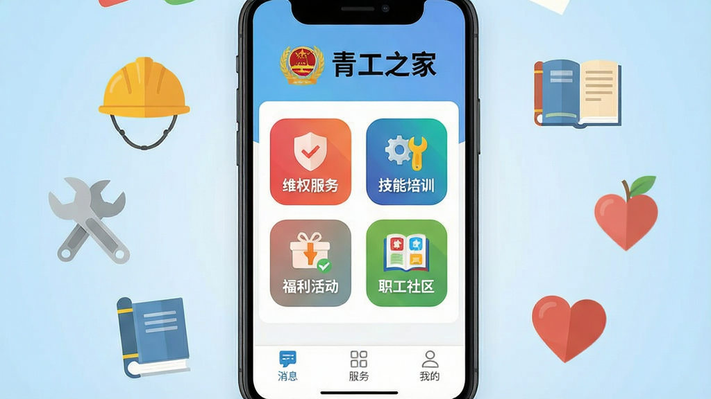 һ��չ���๤֮��App����ȫò������ͼ������Ϊһ�����������ֻ�����Ļ��չʾ�๤֮��Ӧ�������棬�����й����պ͡��๤֮�ҡ��������м�����������άȨ���񡢼�����ѵ���������ְ�������ĸ���ɫ����ͼ�꣬�ײ�Ϊ��Ϣ�������ҵ��������������ֻ���Χ�����Ű�ȫñ�����֡��鱾�����ĵȱ�ƽ��Сͼ�꣬����Ϊǳ��ɫ���䡣����ִ���࣬���ʸɾ������޶���Ԫ�ء�