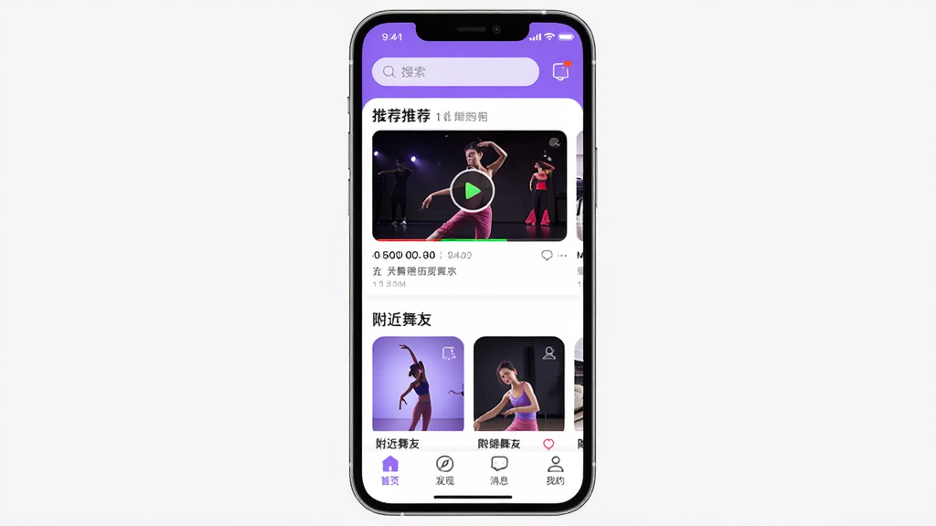 ���App������ȫòչʾ��������һ���ֻ���Ļ����Ļ����ʾ���App����ҳ������������������Ϣͼ�꣬�м����赸��Ƶ�Ƽ����͸������ѿ�Ƭ���ײ�����������ҳ�����֡���Ϣ���ҵ��ĸ�ͼ�꣬�����������Ű����࣬����ִ����ữ��ϸ��Բ��ɫ������ɫ�Ͱ�ɫΪ�������ʸɾ����޶���Ԫ��