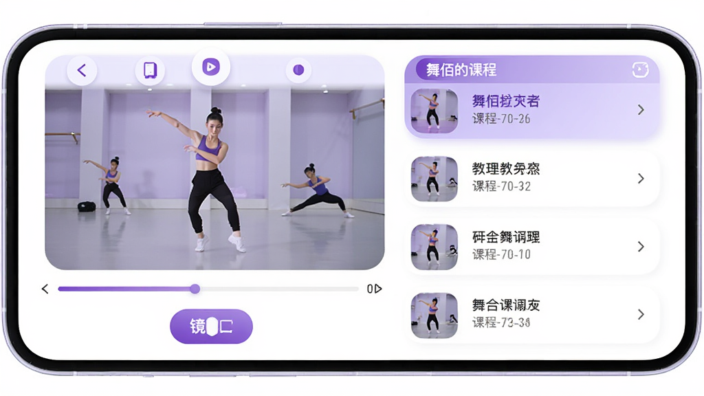 ���App�赸��ѧҳ�棬�������ֻ���Ļ����Ļ����ʾ�赸��ѧ��Ƶ���Ž��棬�·��н������;����л���ť���Ա��пγ��б��������������Ű�����������ʵ�ã�ϸ��Բ��ɫ������ɫ�Ͱ�ɫΪ�������ʸɾ����޶���Ԫ��