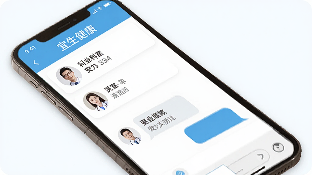��������App����������棬�ֻ���Ļ��ʾҽ���б������촰�ڣ�ҽ��ͷ���Ա��п��Һ�ְ����Ϣ��������������ֶԻ����ݣ������԰�ɫ��ǳ��ɫΪ�������ɾ�רҵ����������