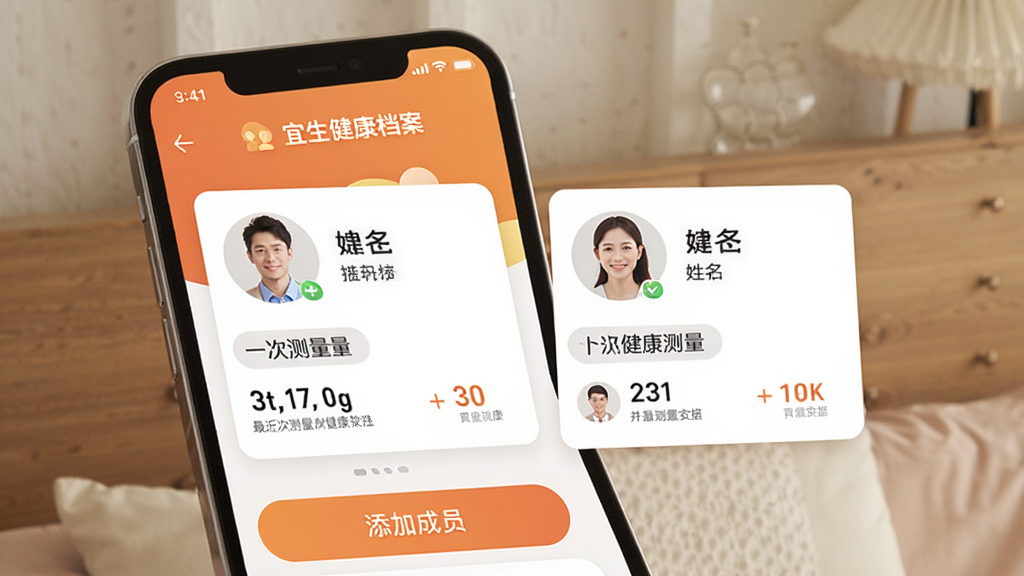 ��������App��ͥ�����������棬�ֻ���Ļ��ʾ������ͥ��Ա�Ľ�����Ƭ������ͷ�����������һ�β������ݣ��·��С����ӳ�Ա����ť��������ůɫ��Ϊ���������ܰ�����ʸɾ�
