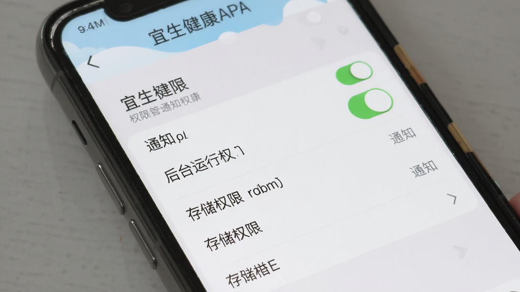 ��������App���ý��棬�ֻ���Ļ��ʾȨ�޹�����֪ͨ����ѡ�����֪ͨ���ء���̨����Ȩ�ޡ��洢Ȩ�޵��б�������԰�ɫ��ǳ��ɫΪ������������ˣ����ʸɾ�