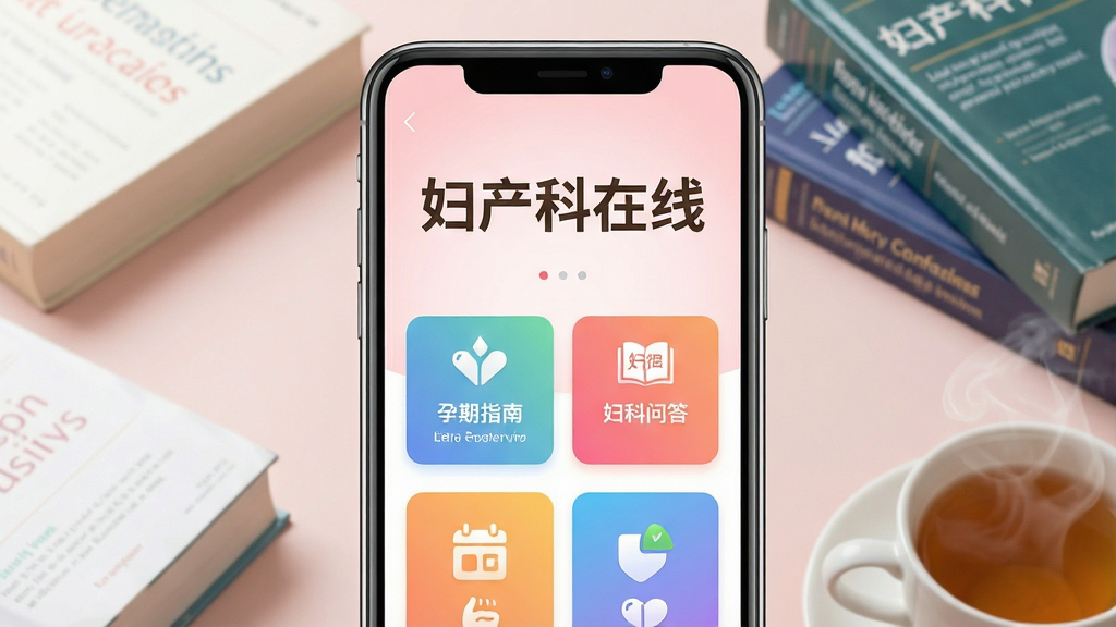 一张手机屏幕展示「妇产科在线」App主界面的场景图,画面中央是一台竖屏智能手机,屏幕内显示「妇产科在线」四个大字标题,下方排列着孕期指南、产后护理、妇科问答等彩色功能卡片图标,背景是柔和的浅粉色渐变,手机周围散落着几本医学书籍和一杯热茶,整体风格温馨清新,画质干净,无多余元素
