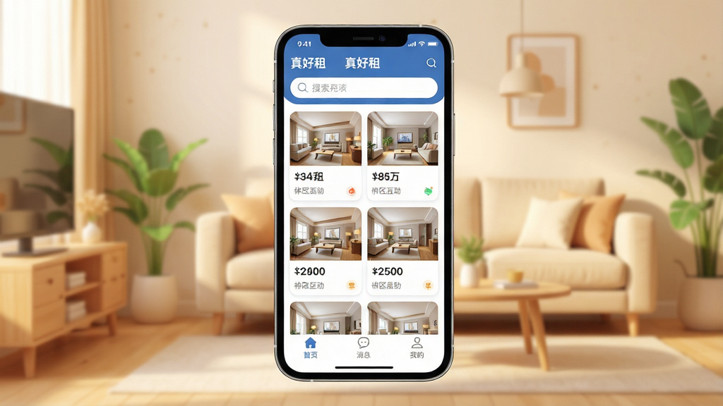 ��������ȫòչʾͼ��������һ���ֻ���Ļ����Ļ����ʾһ����Ϊ������⡱���ⷿAPP���棬���涥�����������м�չʾ���׷�Դ��Ƭ��ÿ�ſ�Ƭ��������ͼƬ�����۸��С�����ƣ��ײ��С���ҳ������Ϣ�����ҵġ�����������ť������Ϊ�ֻ����з��ã�����Ϊ��ܰ��ǳůɫ����������������ִ���Լ��ƽ����ϸ��Բ�󣬻��ʸɾ��������޶���Ԫ�أ�ͼƬ�����ֱ������������⡱��