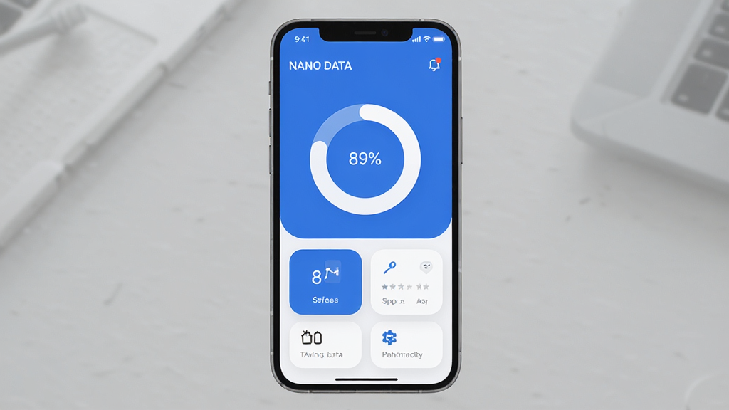 NANO DATA Ӧ��������չʾ���������ֻ���Ļ����Ļ�ڳ�����ˬ��������ɫ�����Ǳ��̣����ְ�������״̬�����м价������ͼ�����ײ����ܿ�Ƭ���Ű����룬����ִ���ƽ����ϸ��Բ�󣬻��ʸɾ��������޶���Ԫ�ء�