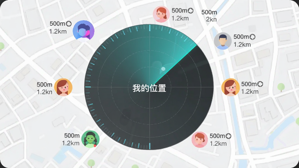 һ���罻Ӧ�ý����ͼ������������һ��Բ���״�ɨ�趯�����״����ı�ע