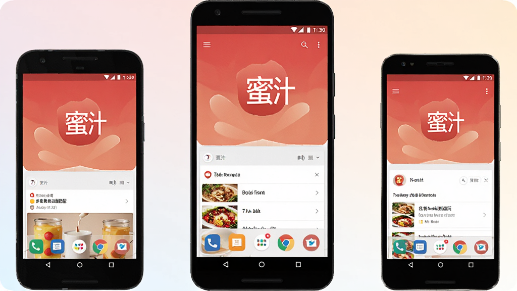 ��֭Ӧ�ö��豸����չʾ������Ϊ��̨��ͬ�ߴ簲׿�ֻ�����չʾ����Ļ�ֱ���ʾ��֭Ӧ���ڲ�ͬ�ֱ����µĽ��棬������̨�ֻ��������У��м��ֻ��Դ�ͻ�������ͳһ��ƽ����ϸ�ڽ���Ԫ��������ʾ�޴�λ�����ʸɾ��޶���Ԫ�أ�����Ϊǳɫ����
