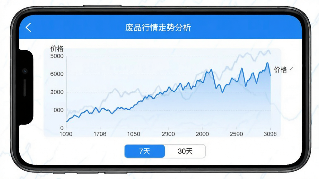 ��Ʒ��APP��Ʒ�������Ʒ������棬�ֻ���Ļ��ʾ�۸�����ͼҳ�棬ͼ������һ��������ʾ�����۸�仯�����������ڣ������Ǽ۸��·��С�7�족��30�족�л���ť���������࣬������ɫ�����ݿ��ӻ����������ʸɾ����޶���Ԫ�ء�