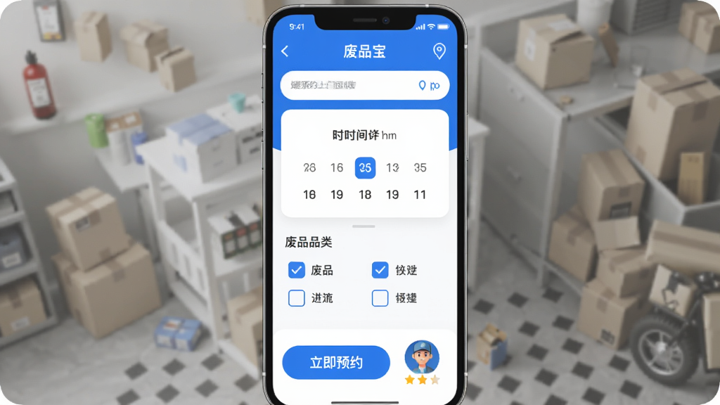 ��Ʒ��APPһ��ԤԼ���Ż��ս��棬�ֻ���Ļ��ʾԤԼ����ҳ�棬�����е�ַ��д�����м���ʱ��ѡ�������·��Ƿ�ƷƷ�๴ѡ�򣬵ײ��ǡ�����ԤԼ����ť���Ա��л���Աͷ�������չʾ�����岼������������ִ���ƽ��������ɫ��ϸ��Բ�󣬻��ʸɾ����޶���Ԫ�ء�