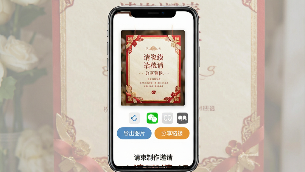 һ��չʾ������������롱App�������ܵ��ֻ������ͼ���������ֻ���Ļ��ʾһ��������ɵĻ������Ԥ�����·��С�����ͼƬ���͡��������ӡ�������ť����ť�Ա���΢�š�QQ�ȷ���ͼ�꣬����ײ��С�����������롱���֣����ϲ�죬�������������ʸɾ����޶���Ԫ��