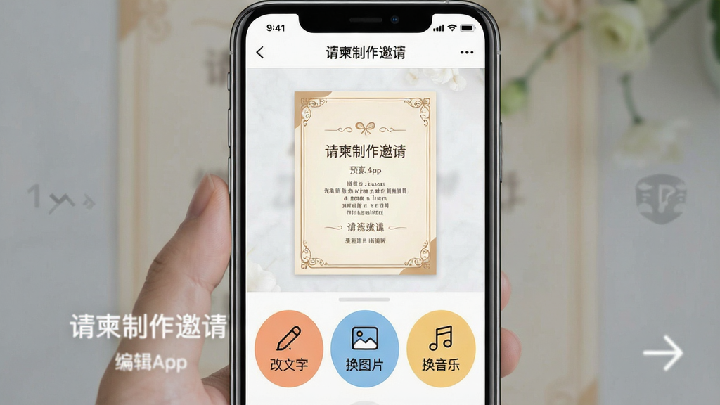 һ��չʾ������������롱App�༭������ֻ���ͼ���������ֻ���Ļ��ʾ���ڱ༭һ�������������Ļ���������Ԥ�����·��С������֡�����ͼƬ���������֡�������ť����ťͼ��ֱ�ۣ����涥���С�����������롱���֣�������Ѻã��Ű���ɣ������������޶���Ԫ��