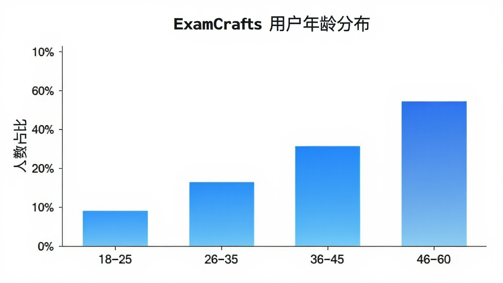 ExamCrafts �û�����ֲ���״ͼ������Ϊ�����18-25��26-35��36-45��46-60������Ϊ����ռ�ȣ���״��ɫΪ��ɫ���䣬������ɫ��ͼ�����⡰ExamCrafts �û�����ֲ�����������ִ�����������
