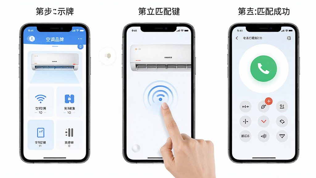 һ��չʾ�յ��ҵ�����ң����App���������ʾ��ͼ�������Ϊ��������һ�����ֻ�ѡ��յ�Ʒ�ƣ��ڶ������ֻ���׼�յ���ƥ�������������ƥ��ɹ���ʾң�ؽ��棬��������죬ϸ�����������ʸɾ����޶���Ԫ��